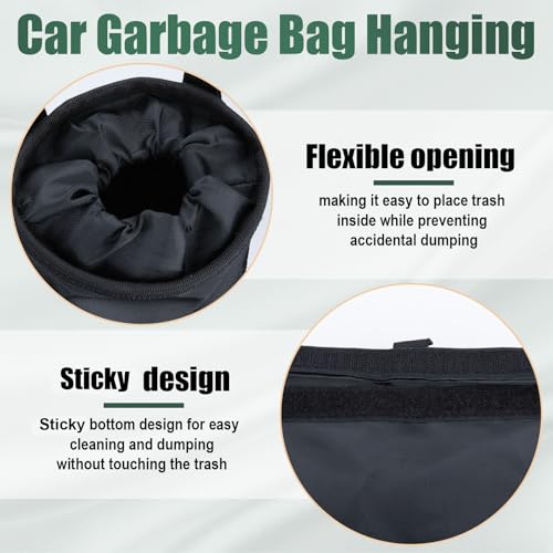 2 PCS Car Trash Bags, Car Accessories Washable Garbage Bag Hanging, Detachable Trash Can with Top Elastic Vent & Sticky Strap Bottom Opening, Seat Back Tash Bag for Cars,Travelling,Outdoor