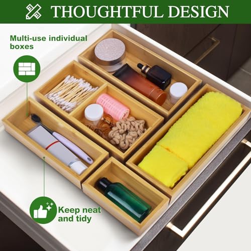 Bamboo Drawer Organizer Set, 5 PCS Multi-Use Individual Wood Storage Organizers, Junk Drawer Divider and Storage Trays Containers for Kitchen, Bathroom, Office Desk, Makeup, Jewelry, Utensils - size: 5