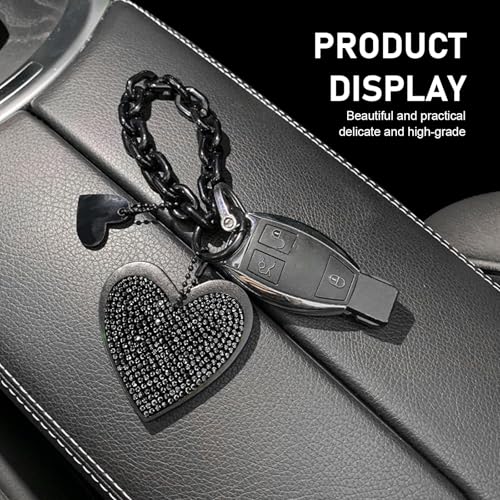 1 PC Cute Heart Keychains, Pretty Bling Key Chain Accessories, Heart Shape Key Chain with Sparkly Rhinestones for Car Keys Purse Charms Handbag Backpack Accessories (Black)