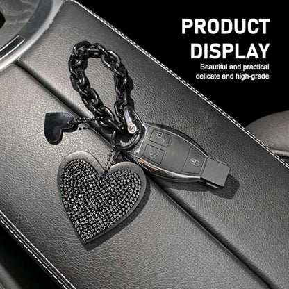 1 PC Cute Heart Keychains, Pretty Bling Key Chain Accessories, Heart Shape Key Chain with Sparkly Rhinestones for Car Keys Purse Charms Handbag Backpack Accessories (Black)