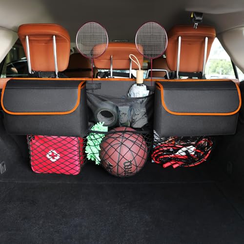 Deluxe Trunk Organizer, Orange, Compact & Mid Size SUV | Backseat Hanging, Waterproof Collapsible, 6 Pockets, Reinforced No-Sag Design - color: Orange