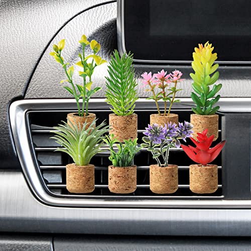 8 Pieces Artificial Plant Air Vent Clips Succulents with Essential Oil Mini Cute Sprayer Car Plant Vent Clip Air Freshener for Car Decorations Accessories(Classic Style)