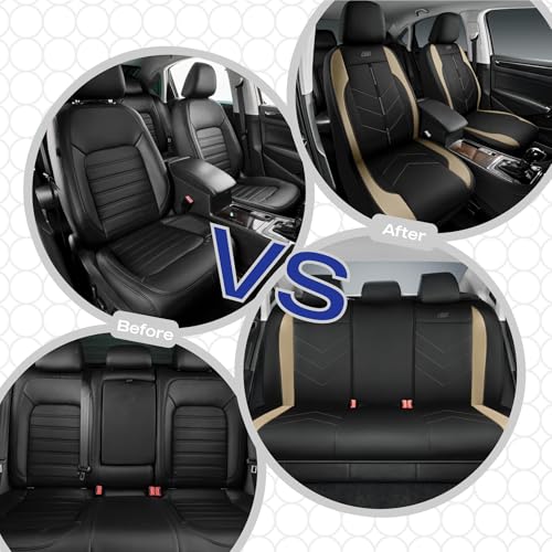 Skechers Car Seat Covers,Luxury Faux Leather Seat Covers,Waterproof Anti Slip Car Seat ProtectorFull Set,Car Accessories Airbag Universal Fit for Most Cars,Vans,Trucks,SUV,Beige