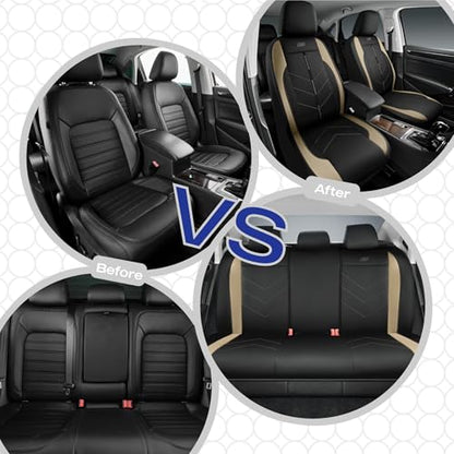 Skechers Car Seat Covers,Luxury Faux Leather Seat Covers,Waterproof Anti Slip Car Seat ProtectorFull Set,Car Accessories Airbag Universal Fit for Most Cars,Vans,Trucks,SUV,Beige
