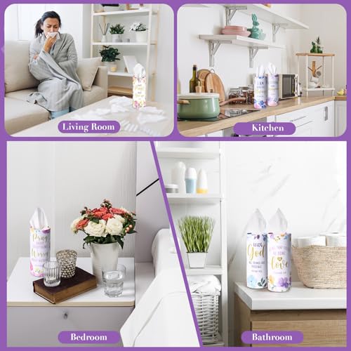 Outus 12 Pcs Floral Christian Car Tissues Cylinder Holder with 3 Ply Facial Tissue Bulk Inspirational Bible Verse Tissue Holder Flower Religious Travel Tissues Boxes Container for Car Cup Home Office - style: Flowers