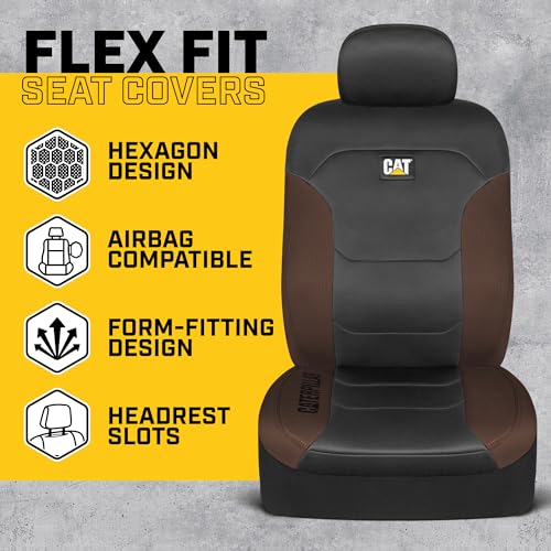 CAT Black & Brown Car Seat Covers Full Set – Front Seat Covers & Rear Bench Seat Cover – Airbag Compatible, 60/40 Split Bench for Trucks, Cars & SUVs – Automotive Interior Seat Protection Accessories