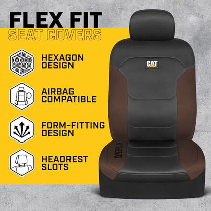 CAT Black & Brown Car Seat Covers Full Set – Front Seat Covers & Rear Bench Seat Cover – Airbag Compatible, 60/40 Split Bench for Trucks, Cars & SUVs – Automotive Interior Seat Protection Accessories