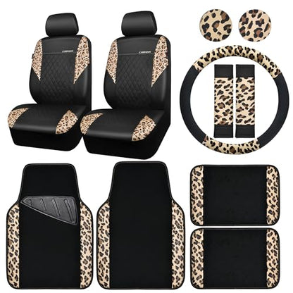 CAR PASS Leopard Print Faux Leather Car Seat Covers & Leopard Car Mats&Leopard Steering Wheel Cover Seat Belt Pad Universal Car Accessories for SUV,Van,Saden,Truck Automobile Interior Sets - color: Leopard combo