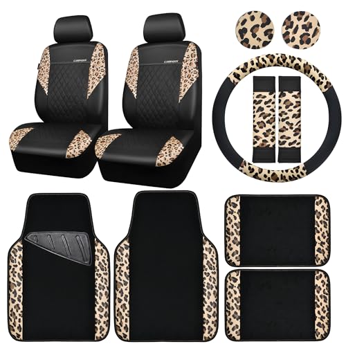 CAR PASS Leopard Print Faux Leather Car Seat Covers & Leopard Car Mats&Leopard Steering Wheel Cover Seat Belt Pad Universal Car Accessories for SUV,Van,Saden,Truck Automobile Interior Sets