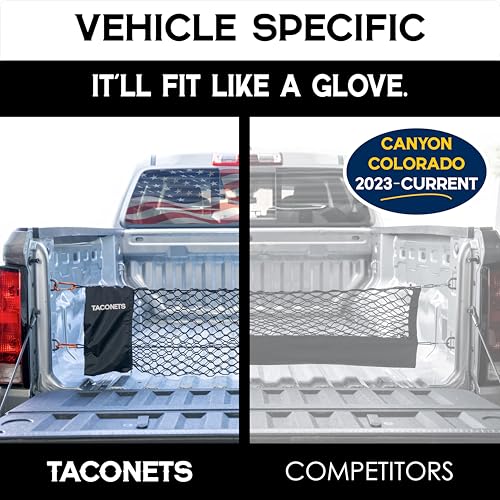 TacoNets Envelope Cargo Net for Colorado/Canyon - Fits 2023-Current - Upgraded 5mm Bungee - Integrated Storage Bag - Heavy Duty Carabiners - Designed in USA - style: Chevy Colorado / GMC Canyon 2023+