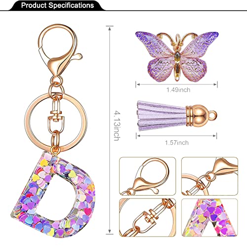 JINGUAZI Initial letter Keychains for Women Tassel Butterfly Pink Purple Cute Car Keychain for Wallet Backpack bag charm - color: D-purple