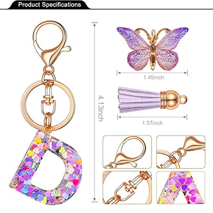 JINGUAZI Initial letter Keychains for Women Tassel Butterfly Pink Purple Cute Car Keychain for Wallet Backpack bag charm - color: D-purple