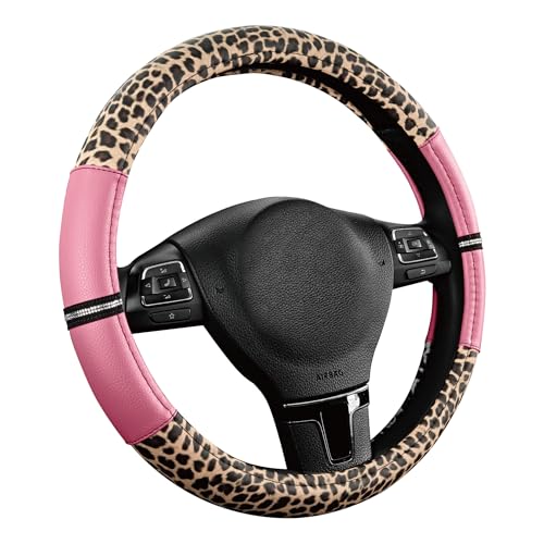 Road Comforts Leopard Steering Wheel Cover for Women, Cute Anti-Slip Microfiber Leather, Universal Fit 14.5-15 Inch Round Steering Wheel - Pink - color: Round Pink