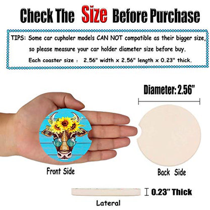 Car Coasters Pack of 2, Fun Sunflower Cow Design Absorb Condensation for Protect The Car Cup Holder and Keep Your car Clean, Small 2.56" Diameter, Easy Removal of Auto Cupholder（Blue Cow） - color: Blue Cow
