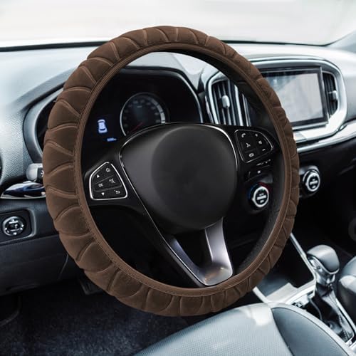 Fluffy Steering Wheel Cover, Car Wheel Cover, 15'' Soft Steering Wheel Protector, Elastic Long Microfiber Plush Steering Wheel Cover Interior Decoration Universal for Men Women Girls - color: Brown
