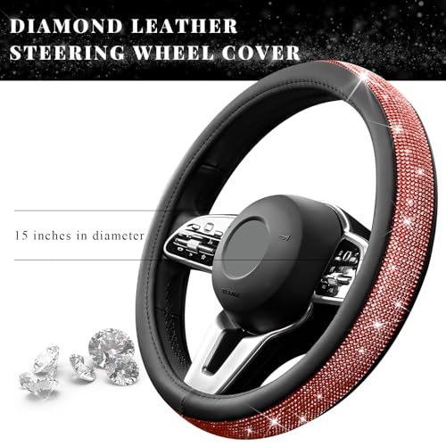 Diamond Leather Steering Wheel Cover, 15 Inch Bling Crystal Rhinestone Anti-Slip Wheel Protector, Universal Sparkling Elegant Diamond Steering Wheels Cover for Women Girl (Red) - color: Red