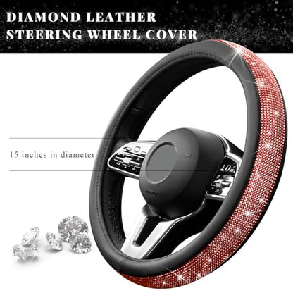 Diamond Leather Steering Wheel Cover, 15 Inch Bling Crystal Rhinestone Anti-Slip Wheel Protector, Universal Sparkling Elegant Diamond Steering Wheels Cover for Women Girl (Red) - color: Red