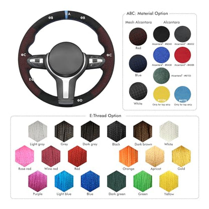 MEWANT Hand-Stitched Steering Wheel Cover for BMW (M Sport) F22 F23 F30 F34 F32 F33 F36 F10 F07 F12 F13 F06 F39 F25 F26 F15 F16, DIY Custom Fit Steering Wheel Wrap for BMW - color: 11:red mesh IT-ALCAN + 3m thread