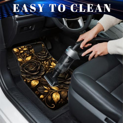 Rose Car Floor Mats Set of 4 Black Gold Floral Luxury Gothic Botanical Art Automotive Foot Mats Rugs Carpet for Car Non-Slip Auto Car Accessories Universal Fit for Car SUV Truck Van