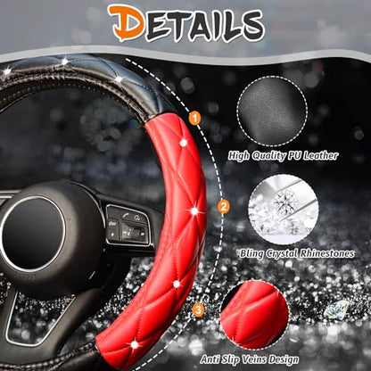 Diamond Soft Leather Steering Wheel Cover with Bling Bling Crystal Rhinestones, Universal 15 inch, Black Red - color: Black and Red, size: Medium(Standard) Size[14.5"-15"]