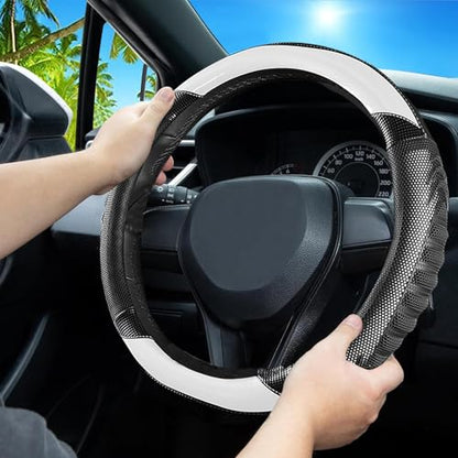 5D Honeycomb Knight White Car Steering Wheel Cover,14.5-15 Inch Universal Carbon Fibre Leather Covers Breathable Anti-Slip Odorless Steering Wheels Accessories for Men Women - color: 5D Honeycomb - Knight White
