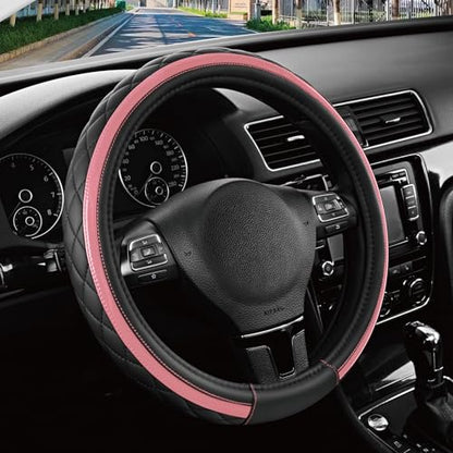 Road Comforts Leather Steering Wheel Cover – Black & Pink, Universal Fit 14.5-15 Inch, Microfiber Leather, Anti-Slip & Breathable Design for Men and Women - color: Light Pink
