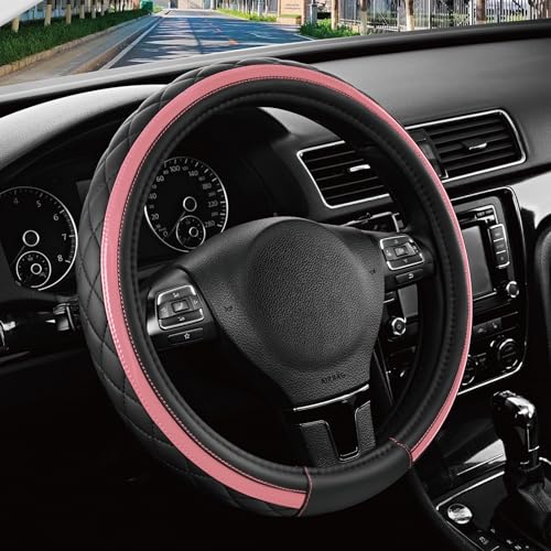 Road Comforts Leather Steering Wheel Cover – Black & Pink, Universal Fit 14.5-15 Inch, Microfiber Leather, Anti-Slip & Breathable Design for Men and Women - color: Light Pink