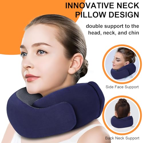 Travel Pillow - Hooded Neck Pillow Airplane Memory Foam Filling for Plane, Office, Cars Sleeping, Road Trip, Long Flights, Airplane Travel Essentials, Includes Eye Mask & Earplugs (Navy) - color: Navy