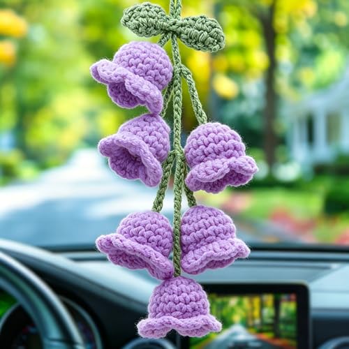 Car Mirror Hanging Accessories - Handmade Knitted Lily Flower Pendant, Cute Crochet Hanging Decor for Rearview Mirror, Women's Car Interior Decoration (1 PCS/6 Flowers, Purple) - color: Purple-6