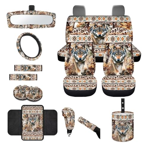 Wanyint Car Seat Cover Full Set 14 PCS, with Steering Wheel Seat Belt Pad Garbage Bin Armrest Pad Rearview Mirror Handbrake Cover Set Coaster Auto Decor, Aztec Wolf Camo Hunting Forest - color: Aztec Wolf Camo Hunting Forest