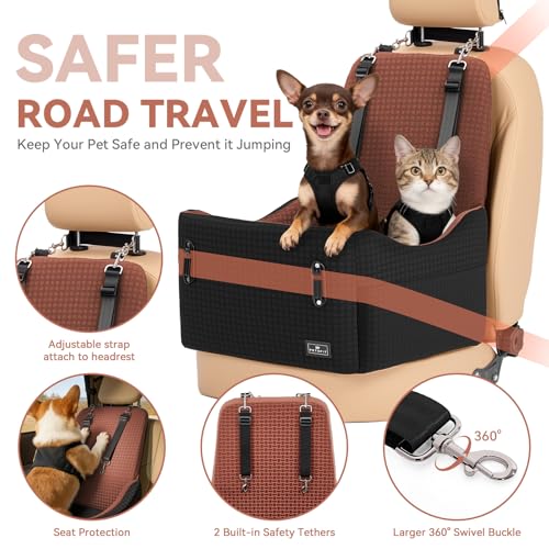 PETSFIT Dog Car Seat for Small/Medium Dogs Up to 35 lbs – Patented Safety System, 5" Memory Foam Pet Booster Car Seat, Fully Detachable and Washable Dog Carseat with 2 Storage Pockets (Black/Brown) - color: Black/Brown