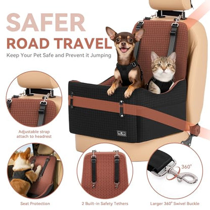 PETSFIT Dog Car Seat for Small/Medium Dogs Up to 35 lbs – Patented Safety System, 5" Memory Foam Pet Booster Car Seat, Fully Detachable and Washable Dog Carseat with 2 Storage Pockets (Black/Brown) - color: Black/Brown