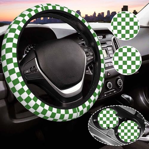 Green and White Checkered Steering Wheel Cover for Women, Universal Auto Steering Wheel 14-15 Inch Car Interior Accessories with 2PCS Car Coasters, Suitable for Men and Women - color: green