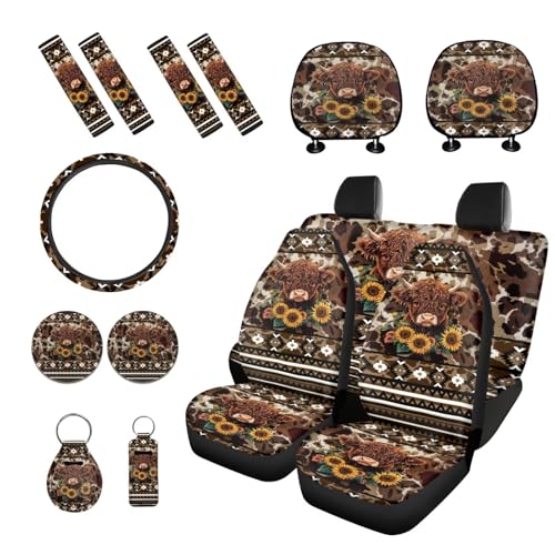 Highland Cow Printed 15 Pcs Car Seat Cover Full Set, Sunflower Aztec Printed Car Accessories Set Front Rear Seat Covers Steering Wheel Cover Seat Belt Covers Car Headrest Cover - color: Brown-Highland Cow Sunflower Aztec
