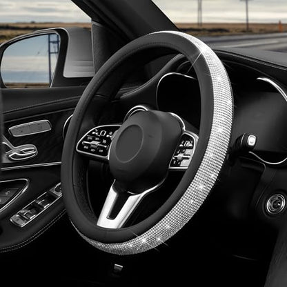 Diamond Leather Steering Wheel Cover, 15 Inch Bling Crystal Rhinestone Anti-Slip Wheel Protector, Universal Sparkling Elegant Diamond Steering Wheels Cover for Women Girl (White) - color: White