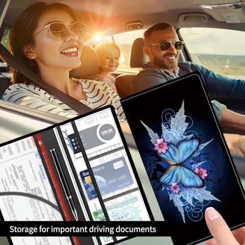 Premium Car Registration and Insurance Card Holder, Cute PU Leather Car Document Holder, Vehicle Glove Box Car Organizer with Magnetic Closure for Driver License, Cards Retro Blue Butterfly - color: Retro Blue Butterfly