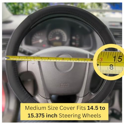 Steering Wheel Cover, Black, Real Genuine Leather, 15 inch, for Men and Women, Universal, Stretch On, Heat Resistant, Stays Cool, Non-Slip, HANWOLF - color: Black, size: Medium (14.5 to 15.375 inch diameter)