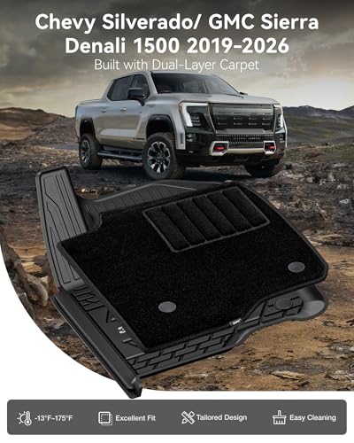 3W Floor Mats & Front Carpet Fit for 2019-2025 2026 Chevy Silverado/GMC Sierra Denali 1500 & 2020-2026 GMC Sierra 2500HD/3500HD Crew Cab, TPE All Weather Accessories 2 Rows Full Set Car Mats - size: GMC Sierra & Chevy Silverado Floor Mats & Carpet