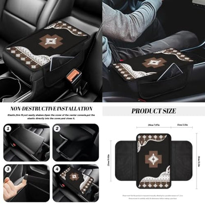 Wanyint Aztec Brown 14 Pack Car Accessories Set, Universal Auto Seat Protector Steering Wheel Cover Seatbelt Strap Pad Trash Can Armrest Cover Pad Cup Holders Rearview Mirror Cover Handbrake Cover Set - color: Southwest Aztec Black Brown
