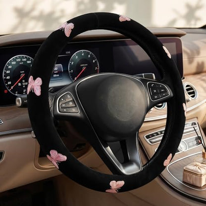 Pink Embroidery Butterfly Steering Wheel Cover, Nappa Leather Material, Universal 14.5-15 Inch Leather Anti-Slip Breathable Auto Steering Wheel Covers for Men Women - color: Embroidery-Pink Butterfly