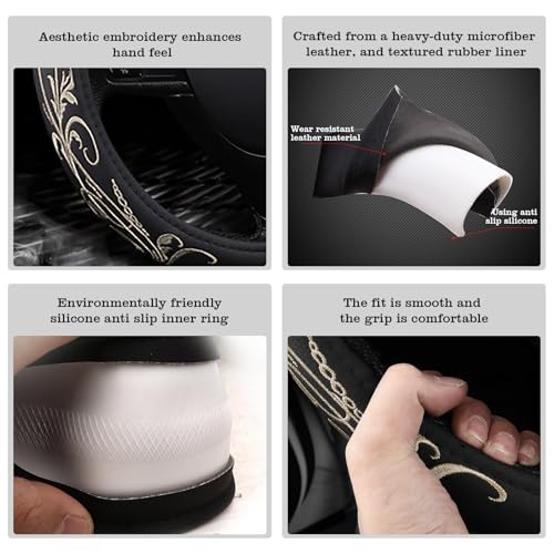 Car Leather Steering Wheel Cover - Panapi Material, Universal 14.5-15 Inch Leather Anti-Slip Breathable Auto Steering Wheel Covers for Men Women (Embroidery-Beige) - color: Embroidery-Beige