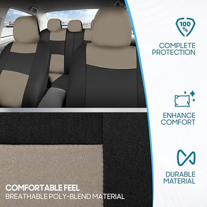 BDK PolyPro Car Seat Covers Full Set in Light Beige on Black, Front and Rear Split Bench Seat Covers for Cars, Easy to Install Car Seats Cover Set and Accessories for Auto Trucks Van SUV - Light Beige - color: Light Beige