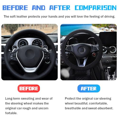 3PCS 15Inch Car Steering Wheel Cover Armrest Cover Gear Shift Cover Set, Microfiber Breathable Anti-Slip Automotive Steering Wheel Protector, Vehicle Interior Decor, Universal Fit（Black）