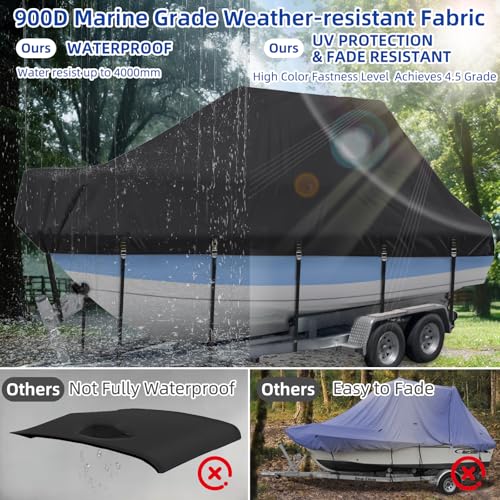 Marine Grade Waterproof Center Console Boat Cover with T Top Roof, Tear Resistant Trailerable Storage Covers, All-Weather Protection T-Top Boat Cover 18-20 ft, Beam Width Up to 106", Black - color: Black, size: 18'-20' Long (Beam Width Up to 102")