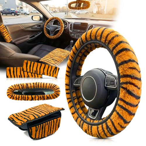 5 Pcs Fuzzy Animal Print Car Accessories Set, Soft Fluffy Plush Steering Wheel Cover, Center Console Armrest Pad & Rearview Mirror Cover - Interior Decorations for Women,Universal Fit (Tiger Print) - color: Tiger Print