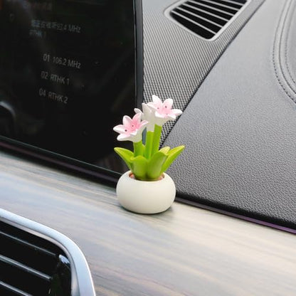 YGMONER Car Dashboard Plant Resin Flower Pot Knick Knacks Mini Plant Figurines Decorations Gifts for Women, Car Desk Bookshelf Decor (Lily Flower)