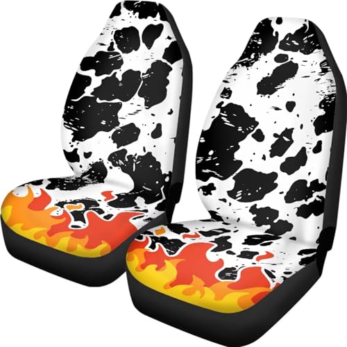 Cartoon Flame Cow Print Car Seat Covers for Women Men, Thin Front Seat Protector Auto Decorations Accessories for SUV Truck Vans Sedans - color: Cartoon Flame Cow