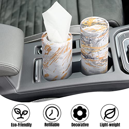 Thenshop 12 Pack Car Tissue Holder 3 Ply Facial Tissue Bulk Marble Modern Tissues Cylinder Travel Round Boxes Fits Car Cup Holders Small Tissues Container for Home Bathroom Everyday Refill