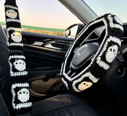 Crochet Steering Wheel Cover,Handmade Rock and Roll Skull Steering Wheel Cover, Skull Wheel Covers Cool Girl & Men, Skeleton Wheel Covers 14-15 in (Wheel Cover Set) - color: Wheel cover set