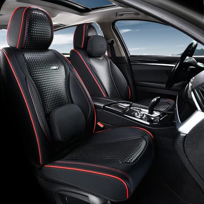 Coverado Seat Covers, Car Seat Covers Front Seats, Waterproof Nappa Leather Auto Seat Cover with Lumbar Head Pillow, Black Redline Seat Covers Carseat Cover Universal Fit for Most Cars - color: Redline（Pillow）, size: Front